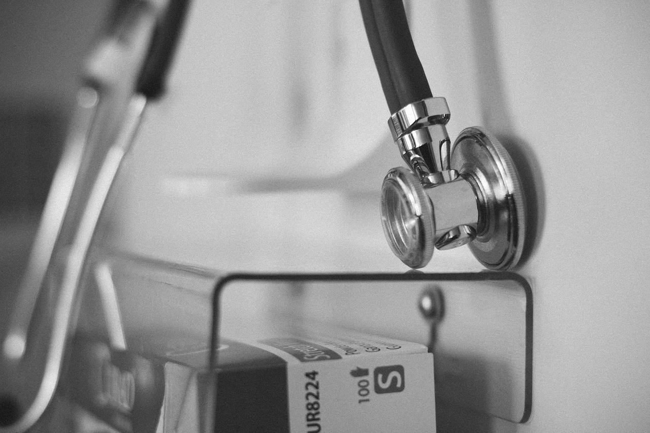 A stethoscope resting on a desk